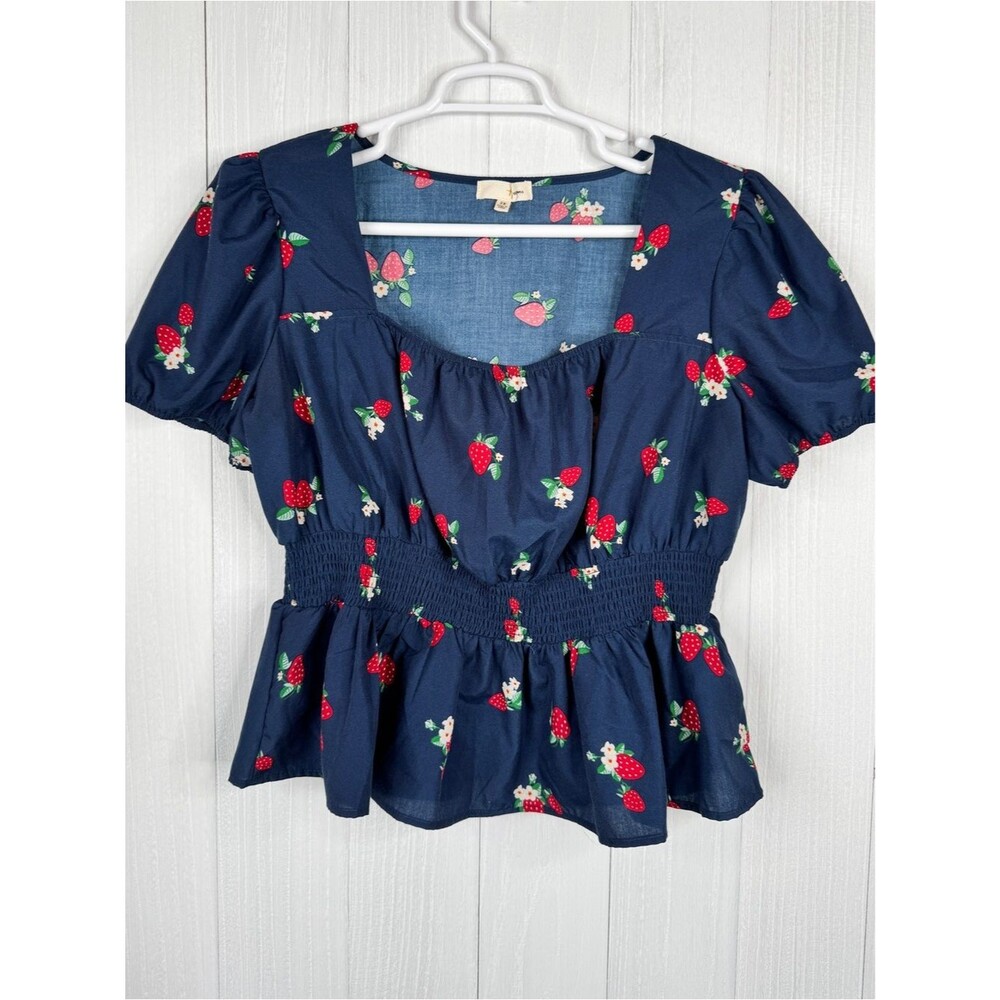 Women’s Navy Strawberry Print Puff-Sleeve Peplum Top Plus Size 2X EUC